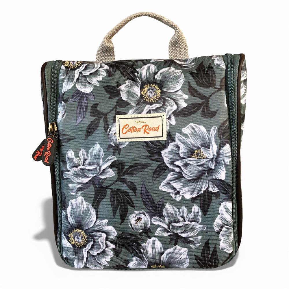Cotton Road Toiletry Bag: GREEN FLORAL PVC Hanging Vanity Bag