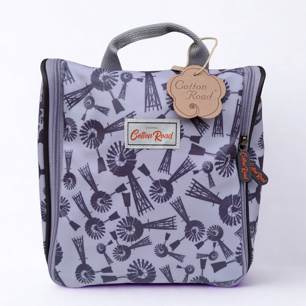 Cotton Road Toiletry Bag: GREY Purple PVC Hanging Vanity Bag with WINDMILLS