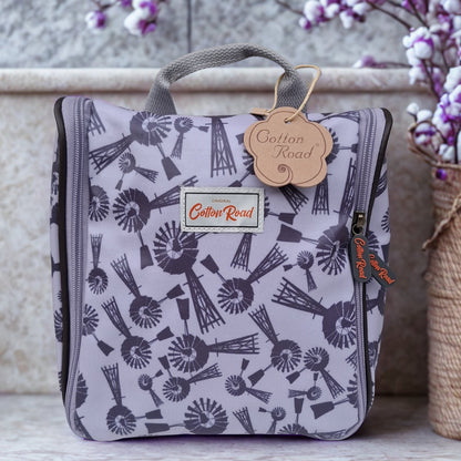 Cotton Road Toiletry Bag: GREY Purple PVC Hanging Vanity Bag with WINDMILLS