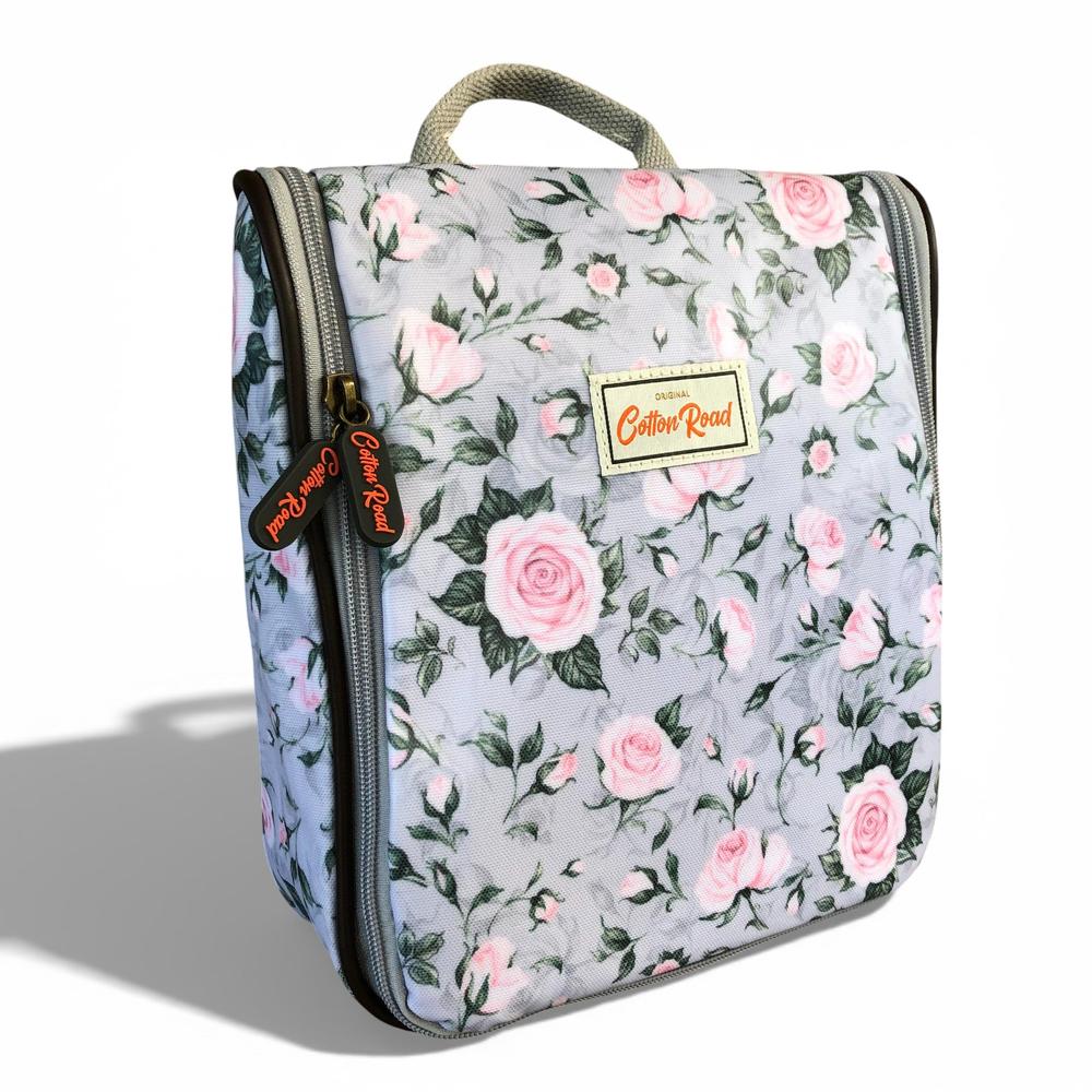 Cotton Road Toiletry Bag: GREY PVC Hanging Vanity Bag with PINK ROSES closed front view