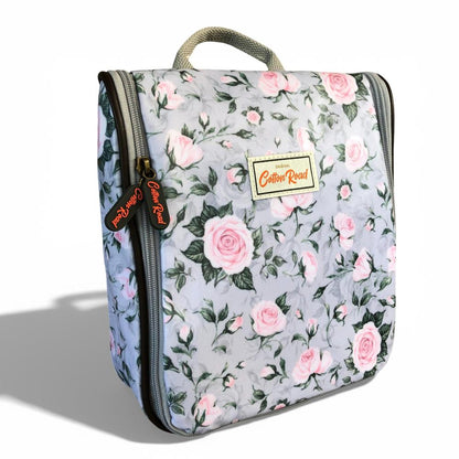 Cotton Road Toiletry Bag: GREY PVC Hanging Vanity Bag with PINK ROSES closed front view