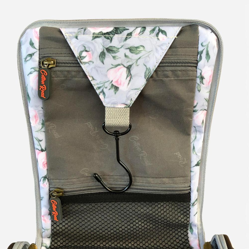 Cotton Road Toiletry Bag: GREY PVC Hanging Vanity Bag with PINK ROSES hook