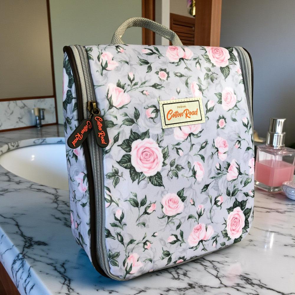 Cotton Road Toiletry Bag: GREY PVC Hanging Vanity Bag with PINK ROSES on washbasin