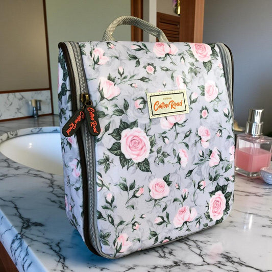 Cotton Road Toiletry Bag: GREY PVC Hanging Vanity Bag with PINK ROSES on washbasin