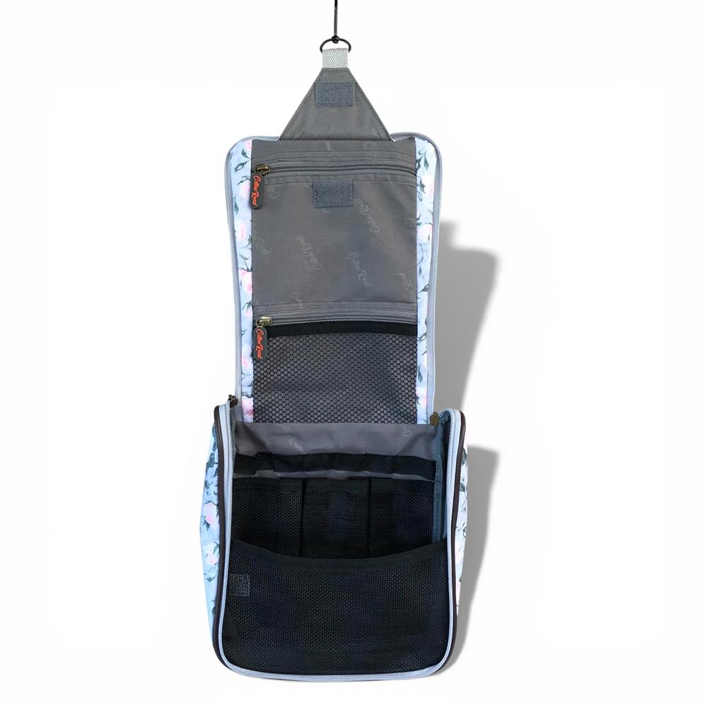 Cotton Road Toiletry Bag: GREY PVC Hanging Vanity Bag with PINK ROSES open