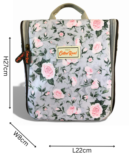 Cotton Road Toiletry Bag: GREY PVC Hanging Vanity Bag with PINK ROSES sized