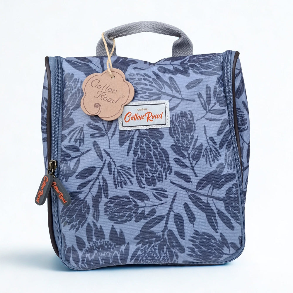 Cotton Road Toiletry Bag: GREY PVC Hanging Vanity Bag with PROTEAS