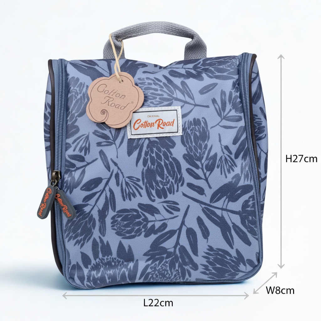 Cotton Road Toiletry Bag: GREY PVC Hanging Vanity Bag with PROTEAS