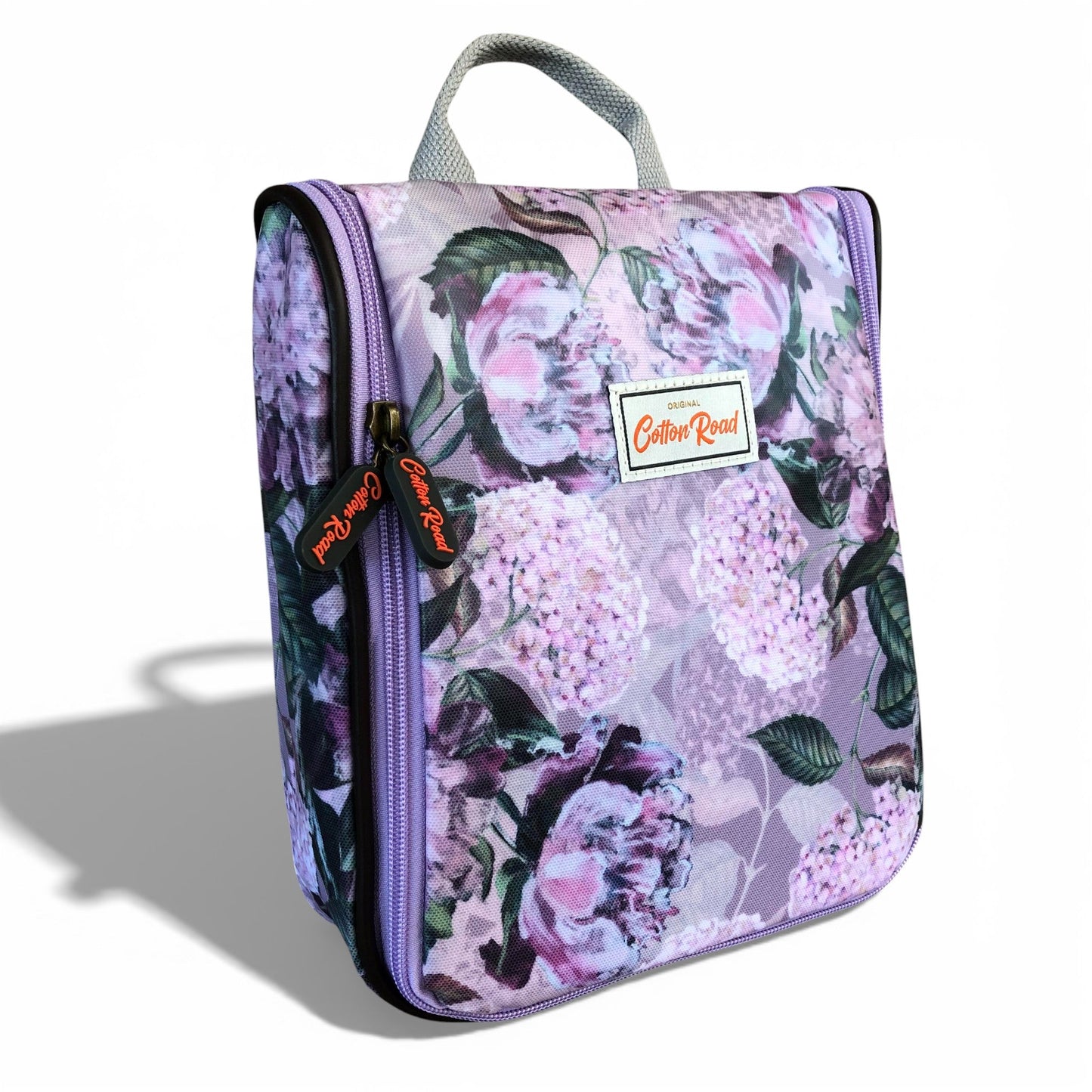 Cotton Road lilac floral hanging vanity bag front view sideways