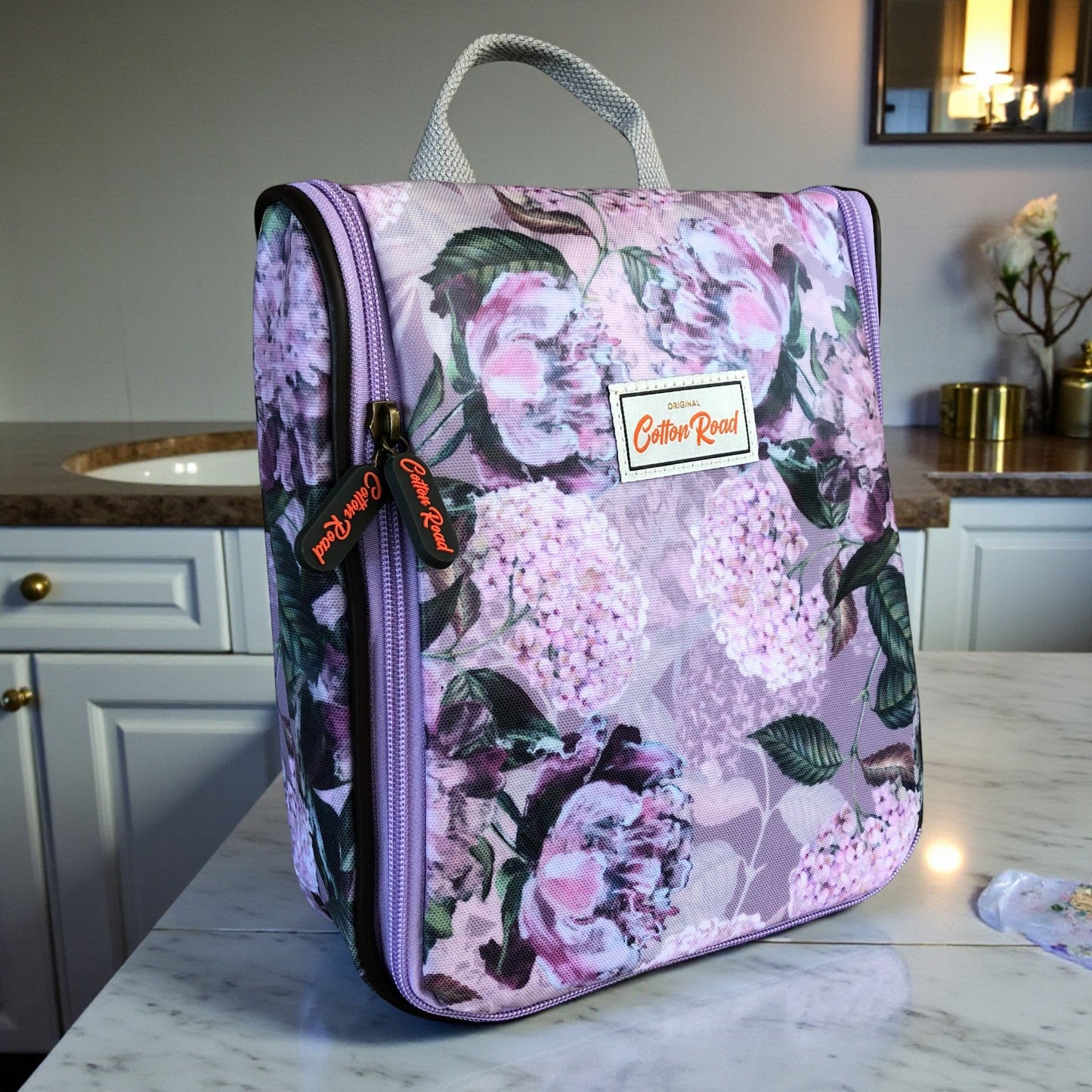 Cotton Road lilac floral hanging vanity bag front view