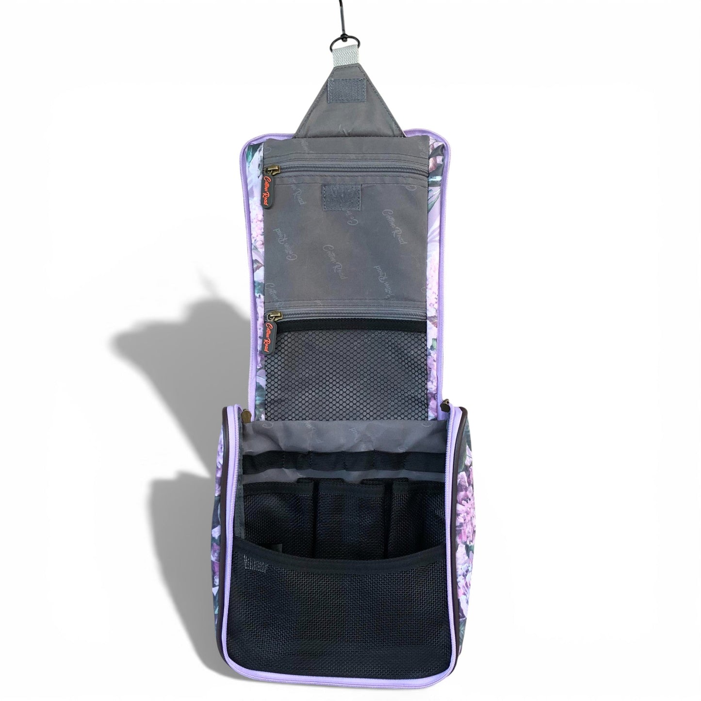 Cotton Road lilac hanging vanity bag open compartment view