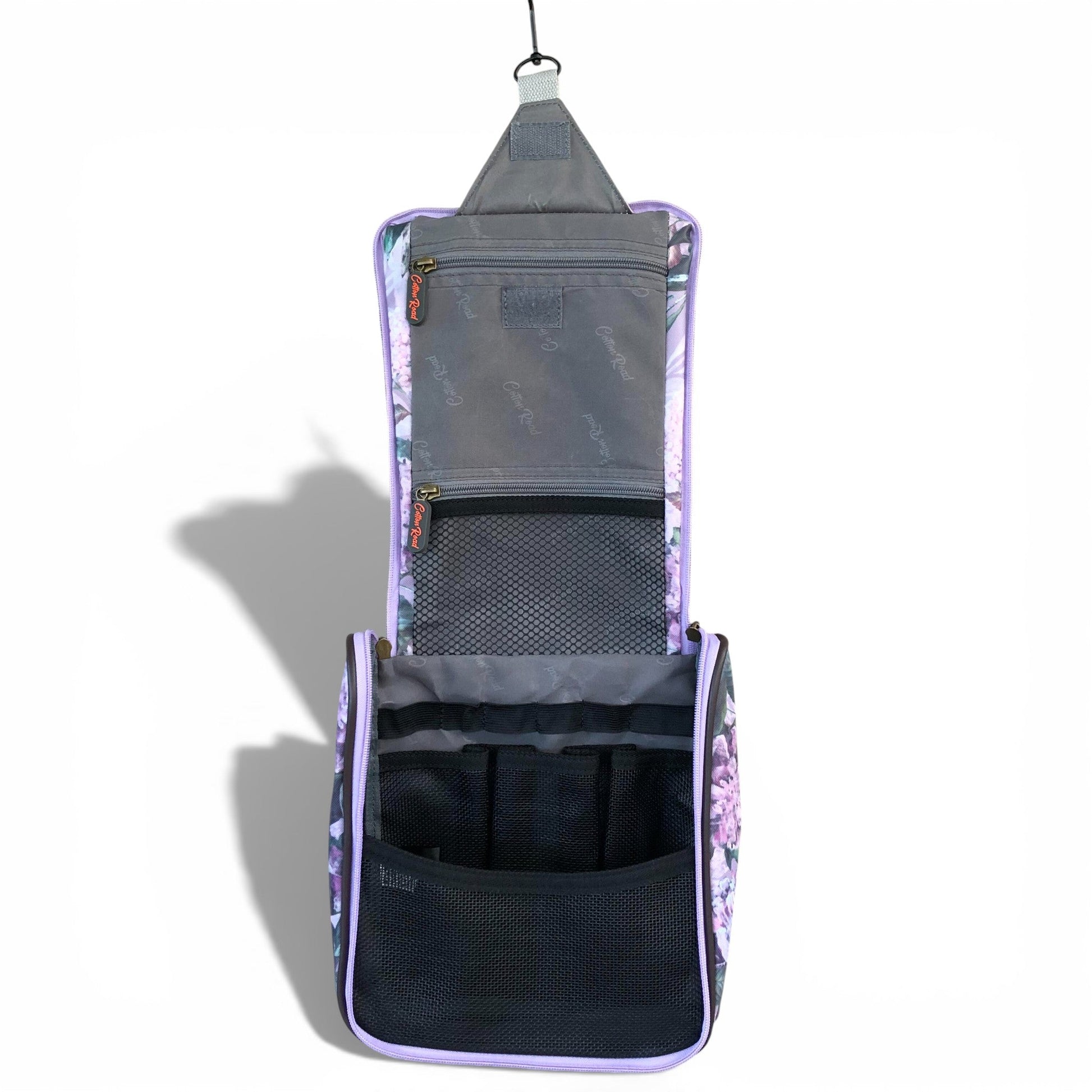 Cotton Road lilac hanging vanity bag open compartment view