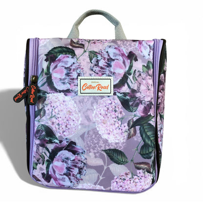 Cotton Road lilac floral hanging vanity bag front view branded