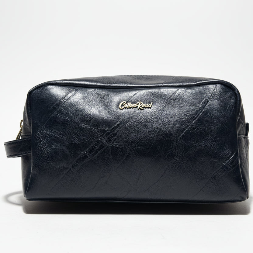 COTTON ROAD TOILETRY BAG: Men's BLACK PU Leather Toiletry Bag FRONT