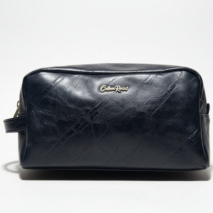 COTTON ROAD TOILETRY BAG: Men's BLACK PU Leather Toiletry Bag FRONT