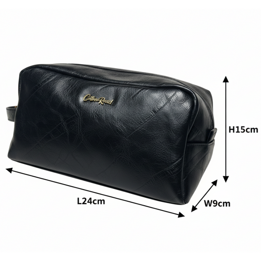 COTTON ROAD TOILETRY BAG: Men's BLACK PU Leather Toiletry Bag SIZED