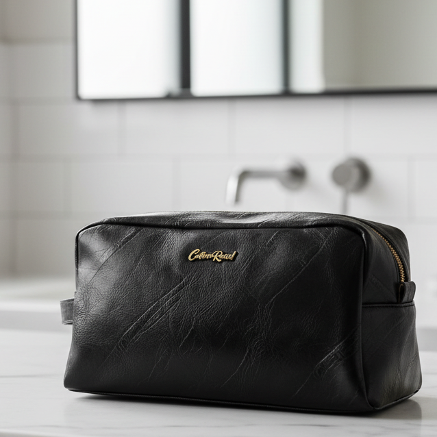 COTTON ROAD TOILETRY BAG: Men's BLACK PU Leather Toiletry Bag