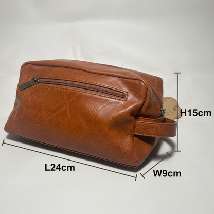 COTTON ROAD TOILETRY BAG: Men's CAMEL PU Leather Toiletry Bag SIZED