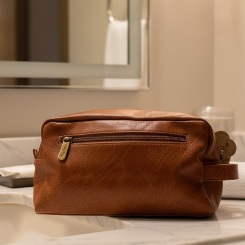 COTTON ROAD TOILETRY BAG: Men's CAMEL PU Leather Toiletry Bag