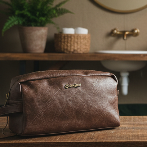 COTTON ROAD TOILETRY BAG: Men's COFFEE BROWN PU Leather Toiletry Bag