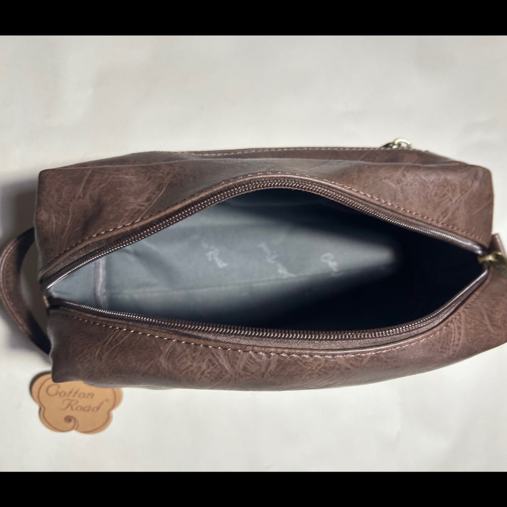 COTTON ROAD TOILETRY BAG: Men's COFFEE BROWN PU Leather Toiletry Bag OPEN TOP