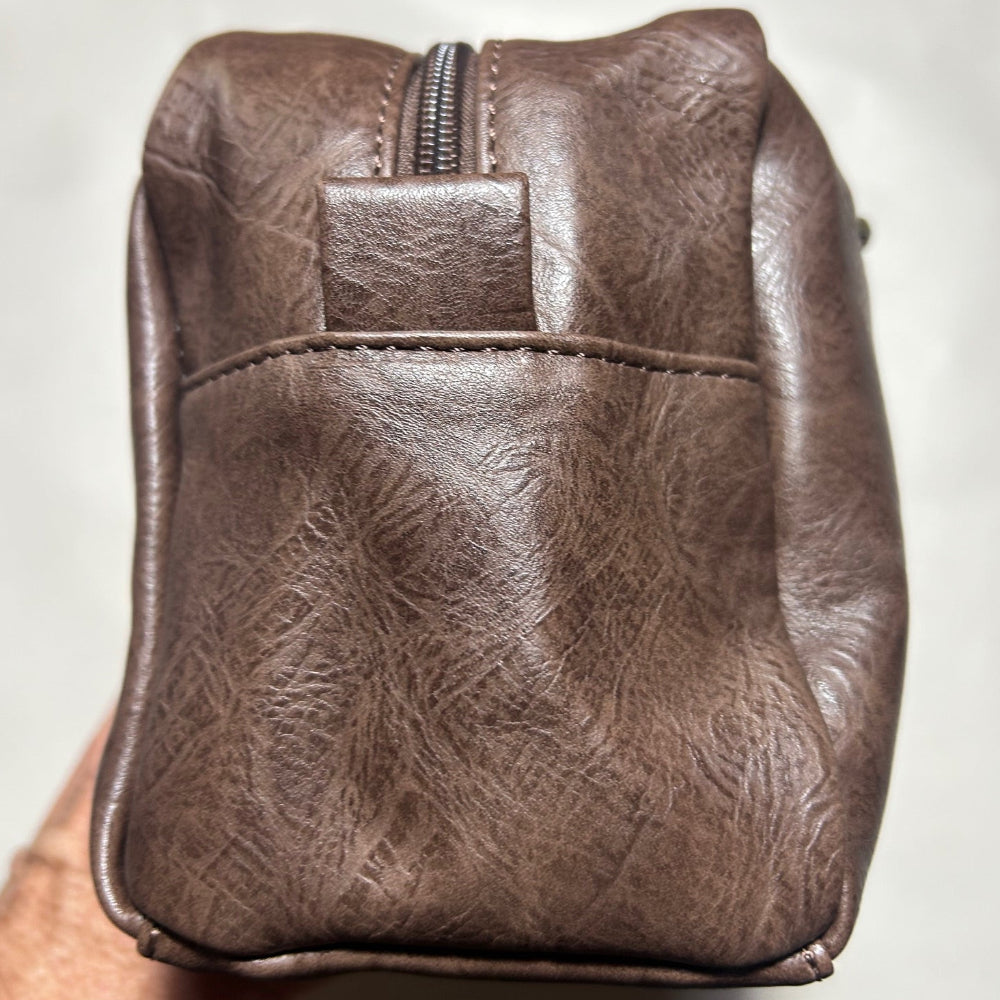 COTTON ROAD TOILETRY BAG: Men's COFFEE BROWN PU Leather Toiletry Bag SIDE VIEW