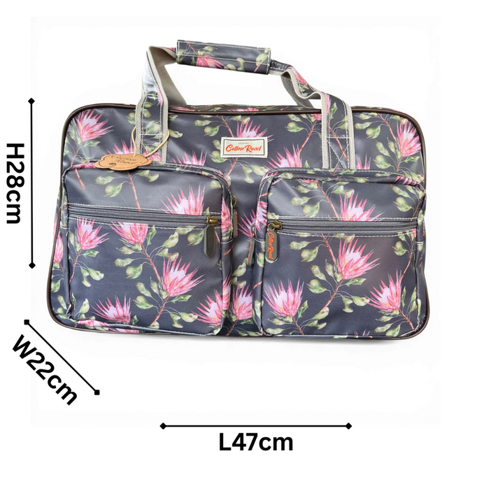 Cotton Road Travel Bag: BLACK PVC Overnight Bag with PROTEAS WITH SIZES