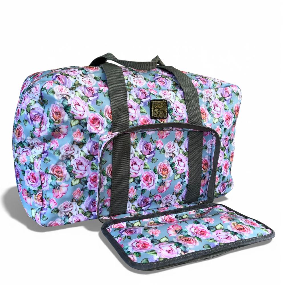 Cotton Road Travel Bag: BLUE FLORAL PVC Foldaway WEEKENDER Travel Bag