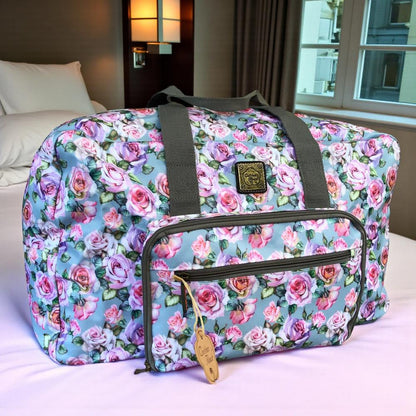 Cotton Road Travel Bag: BLUE FLORAL PVC Foldaway WEEKENDER Travel Bag