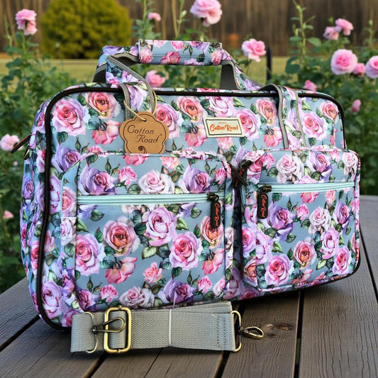 Cotton Road Travel Bag: BLUE FLORAL PVC Overnight Travel Bag garden view