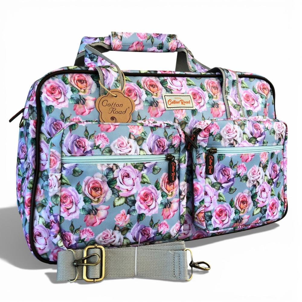 Cotton Road Travel Bag: BLUE FLORAL PVC Overnight Travel Bag on white