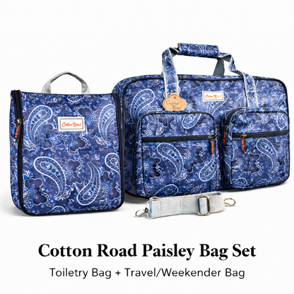 Cotton Road blue paisley PVC overnight travel bag with matching hanging vanity bag set