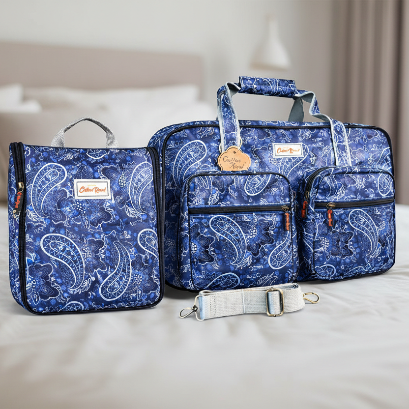 Cotton Road Travel Bag: BLUE PAISLEY PVC Overnight Bag with matching Vanity Bag