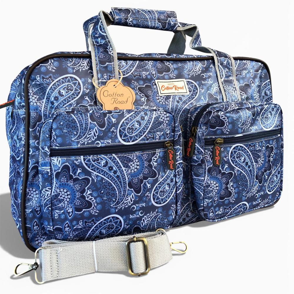 Cotton Road Travel Bag: BLUE PAISLEY PVC Overnight Travel Bag on white