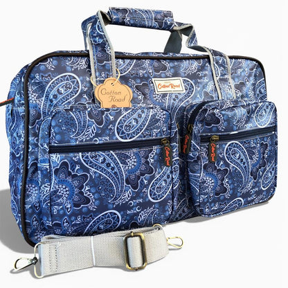 Cotton Road Travel Bag: BLUE PAISLEY PVC Overnight Travel Bag on white