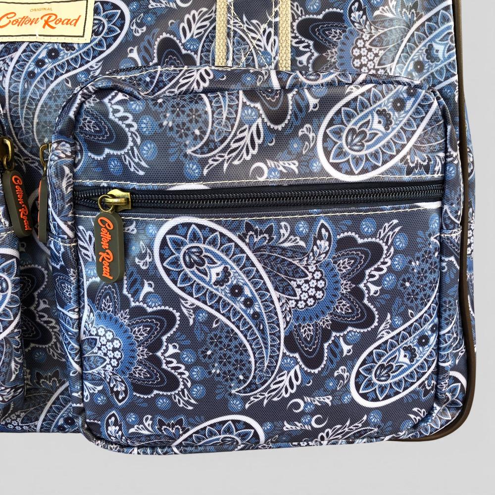 Cotton Road Travel Bag: BLUE PAISLEY PVC Overnight Travel Bag pockets