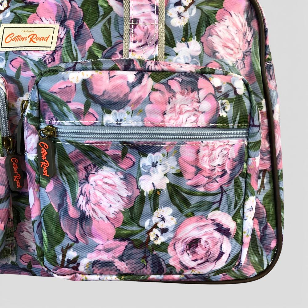 Cotton Road Travel Bag: BLUE PVC Overnight Travel Bag with PINK PURPLE FLOWERS detail