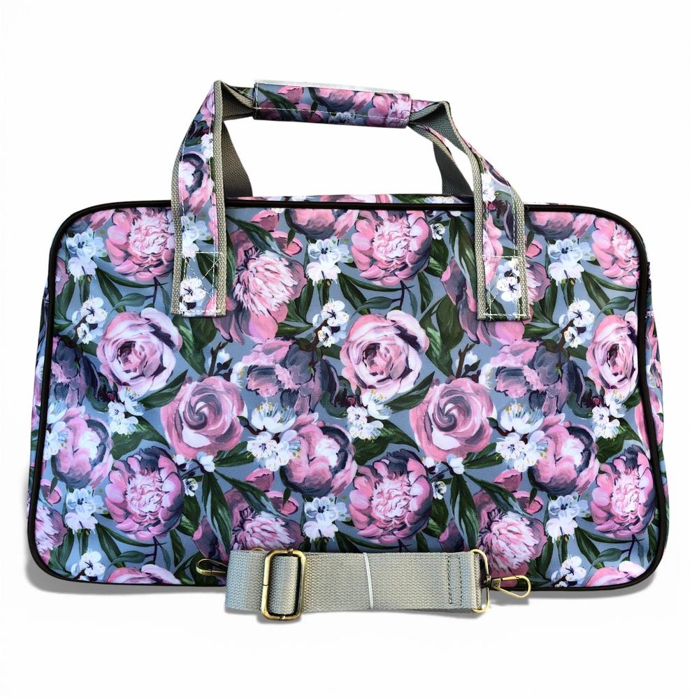 Cotton Road Travel Bag: BLUE PVC Overnight Travel Bag with PINK PURPLE FLOWERS rear view