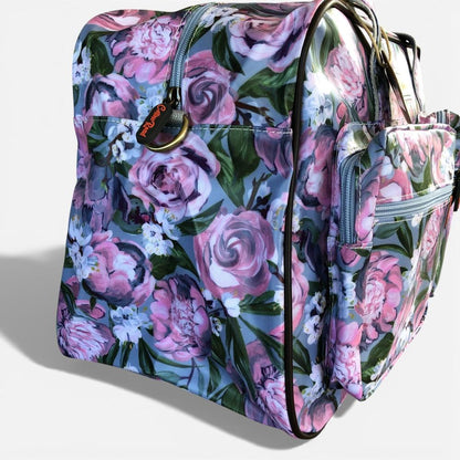 Cotton Road Travel Bag: BLUE PVC Overnight Travel Bag with PINK PURPLE FLOWERS side view
