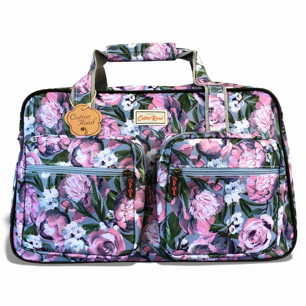 Cotton Road Travel Bag: BLUE PVC Overnight Travel Bag with PINK PURPLE FLOWERS front pockets