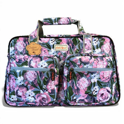 Cotton Road Travel Bag: BLUE PVC Overnight Travel Bag with PINK PURPLE FLOWERS front pockets