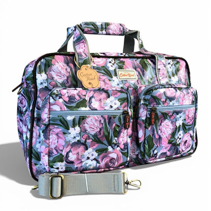 Cotton Road Travel Bag: BLUE PVC Overnight Travel Bag with PINK PURPLE FLOWERS with strap