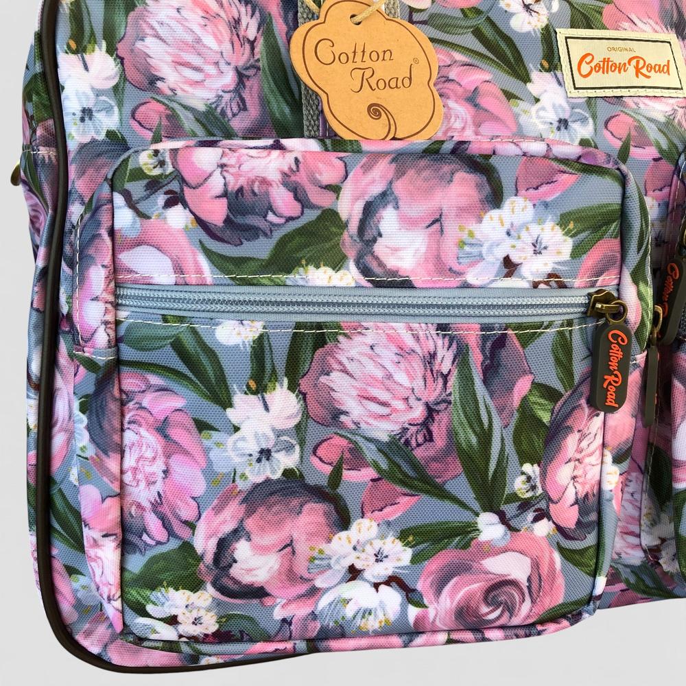 Cotton Road Travel Bag: BLUE PVC Overnight Travel Bag with PINK PURPLE FLOWERS zoomed in