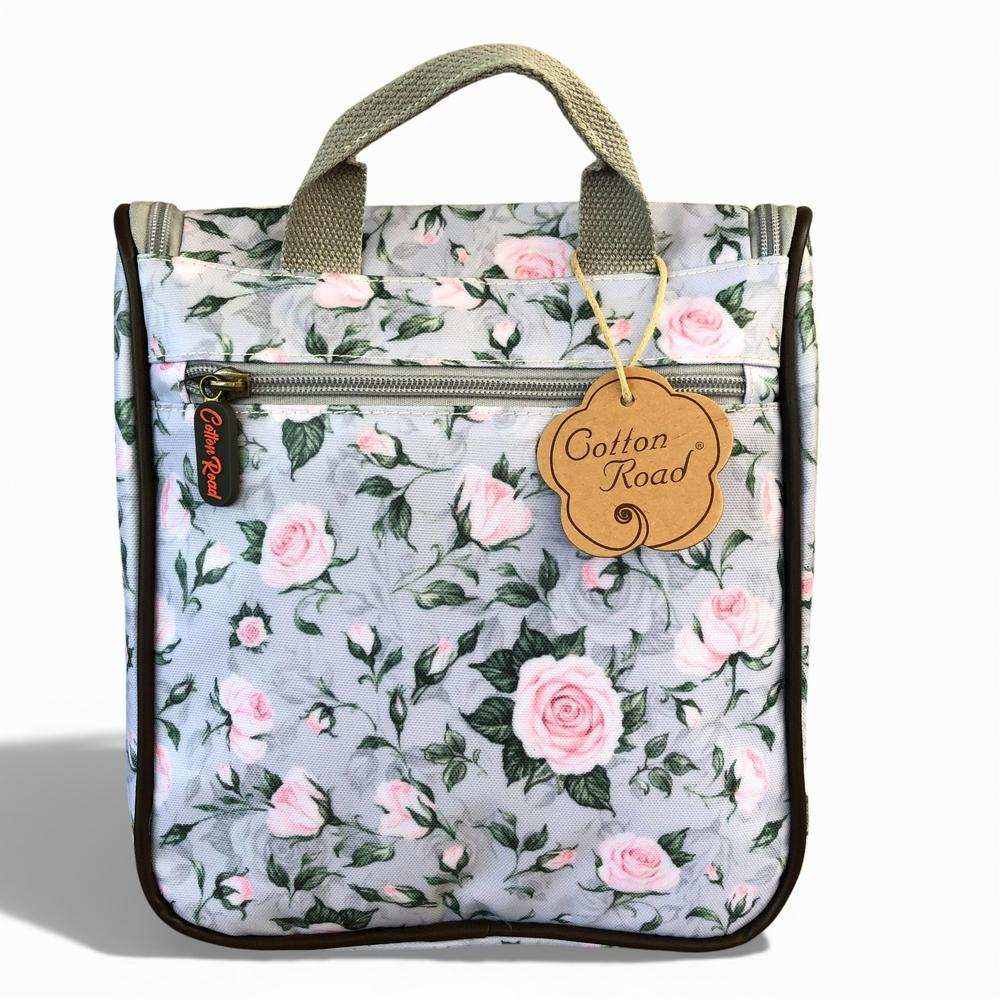 Cotton Road Travel Bag grey PVC overnight bag with pink roses and matching vanity bag set
