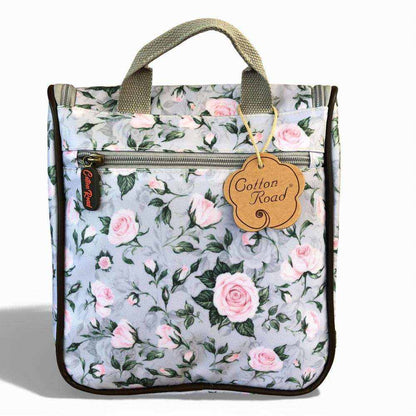 Cotton Road Travel Bag grey PVC overnight bag with pink roses and matching vanity bag set