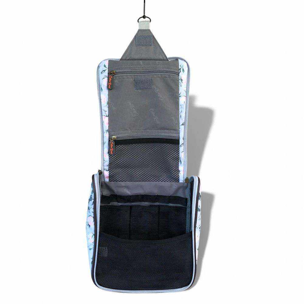 Cotton Road Travel Bag grey PVC overnight bag with pink rose design and matching vanity bag for organized travel