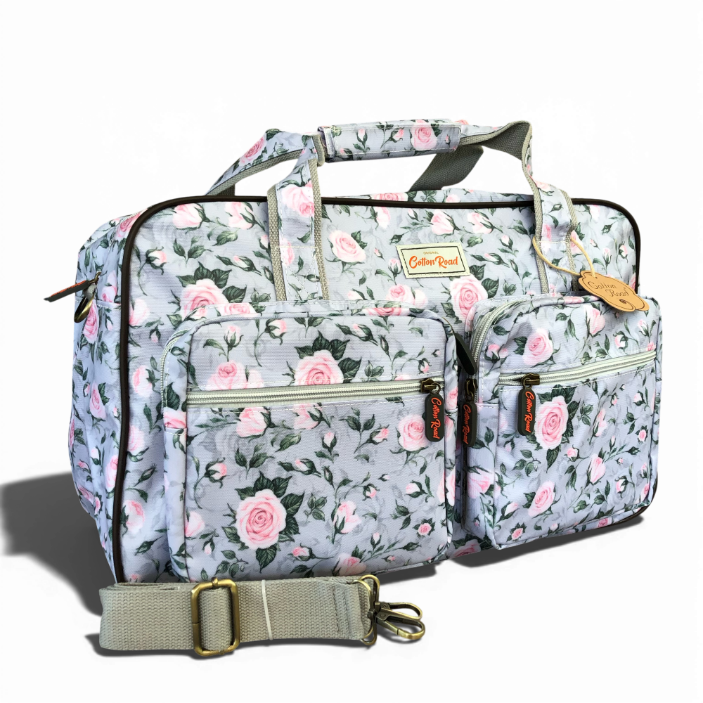 Cotton Road Travel Bag grey PVC overnight bag with pink rose design and matching vanity bag