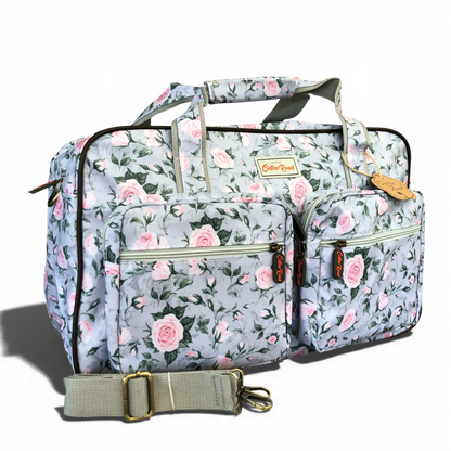 Cotton Road Travel Bag grey PVC overnight bag with pink rose design and matching vanity bag