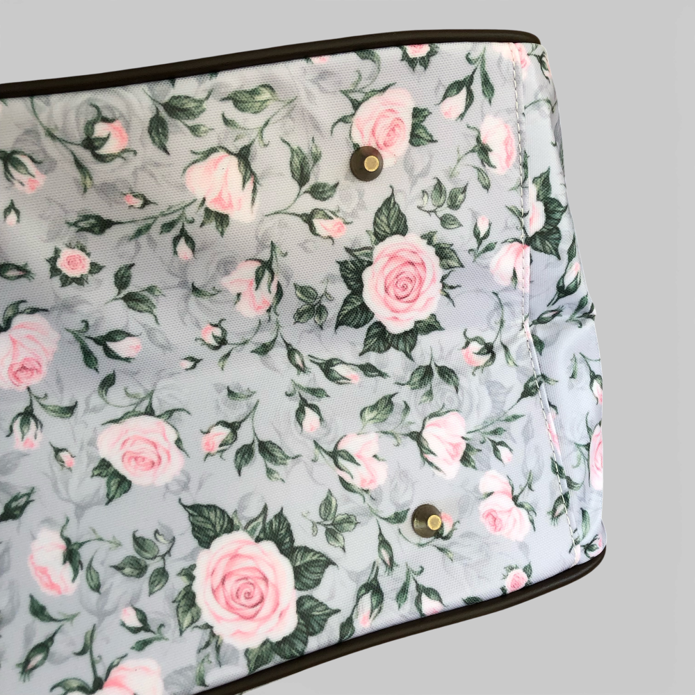 Cotton Road Travel Bag grey PVC overnight bag with pink roses and matching vanity bag, spacious, durable, water-resistant travel set