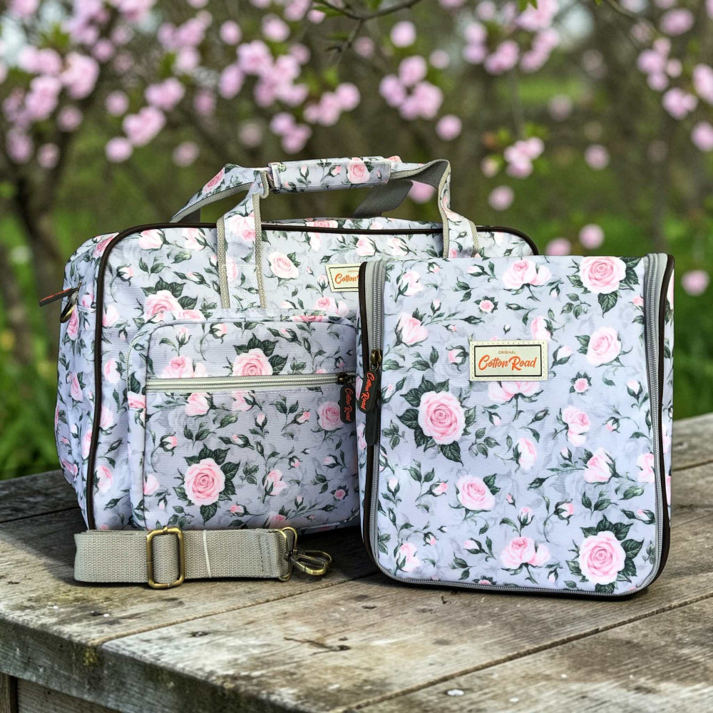 Cotton Road Grey PVC travel bag with pink rose design and matching vanity bag set